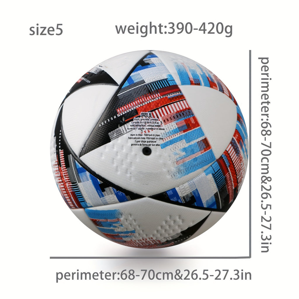 A Professional Size 5 PU Soccer Ball, Made with Seamless Heat-bonding Technology, Features High Elasticity and Wear Resistance. Suitable for Adult Training and Matches on Both Indoor and Outdoor Soccer Fields. Includes a Ball Pouch and an Inflation