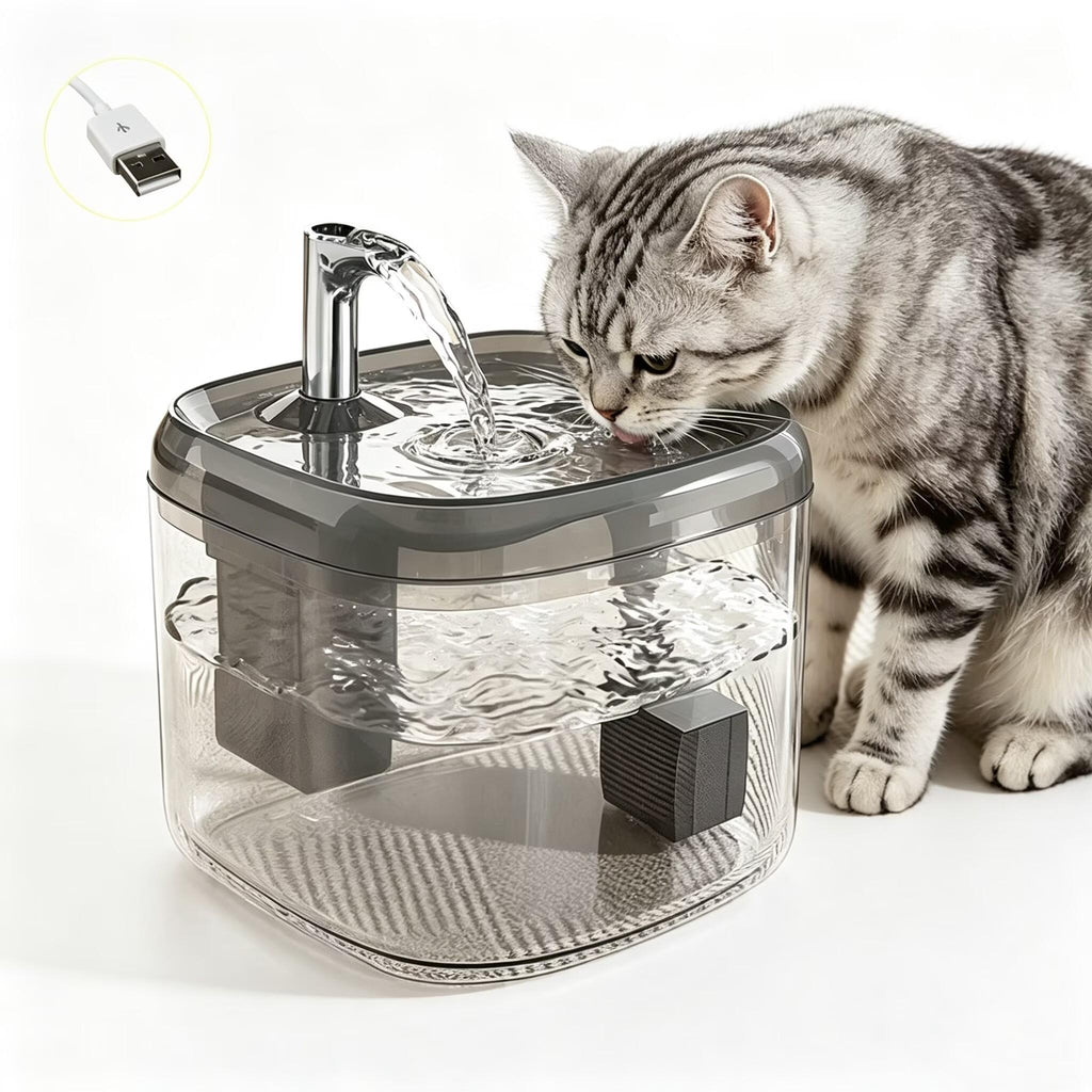 1.5L USB Cat Water Fountain, Automatic Pet Drinking Dispenser with Filter, Transparent Gray Circulating Fresh Water Bowl for Cats & Small Dogs