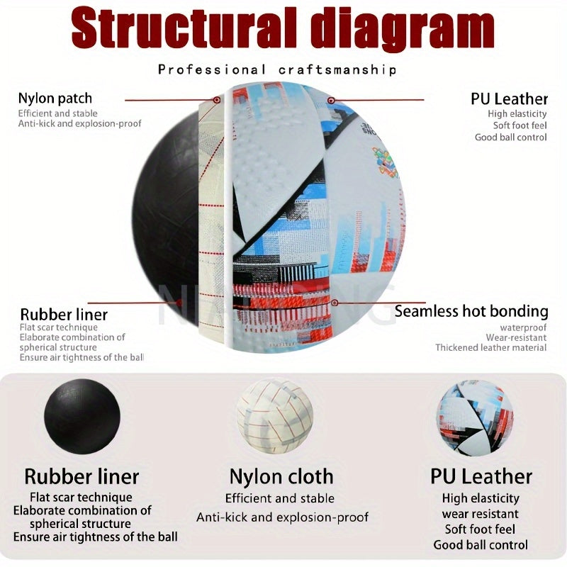 A Professional Size 5 PU Soccer Ball, Made with Seamless Heat-bonding Technology, Features High Elasticity and Wear Resistance. Suitable for Adult Training and Matches on Both Indoor and Outdoor Soccer Fields. Includes a Ball Pouch and an Inflation