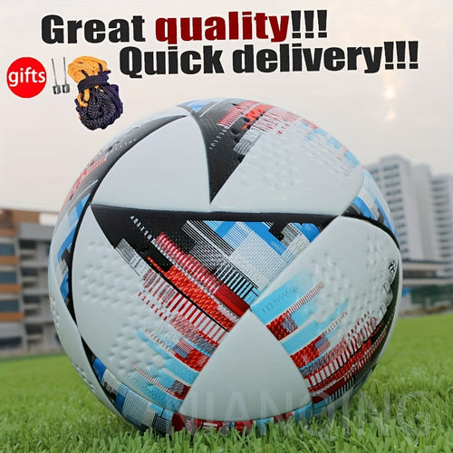 A Professional Size 5 PU Soccer Ball, Made with Seamless Heat-bonding Technology, Features High Elasticity and Wear Resistance. Suitable for Adult Training and Matches on Both Indoor and Outdoor Soccer Fields. Includes a Ball Pouch and an Inflation