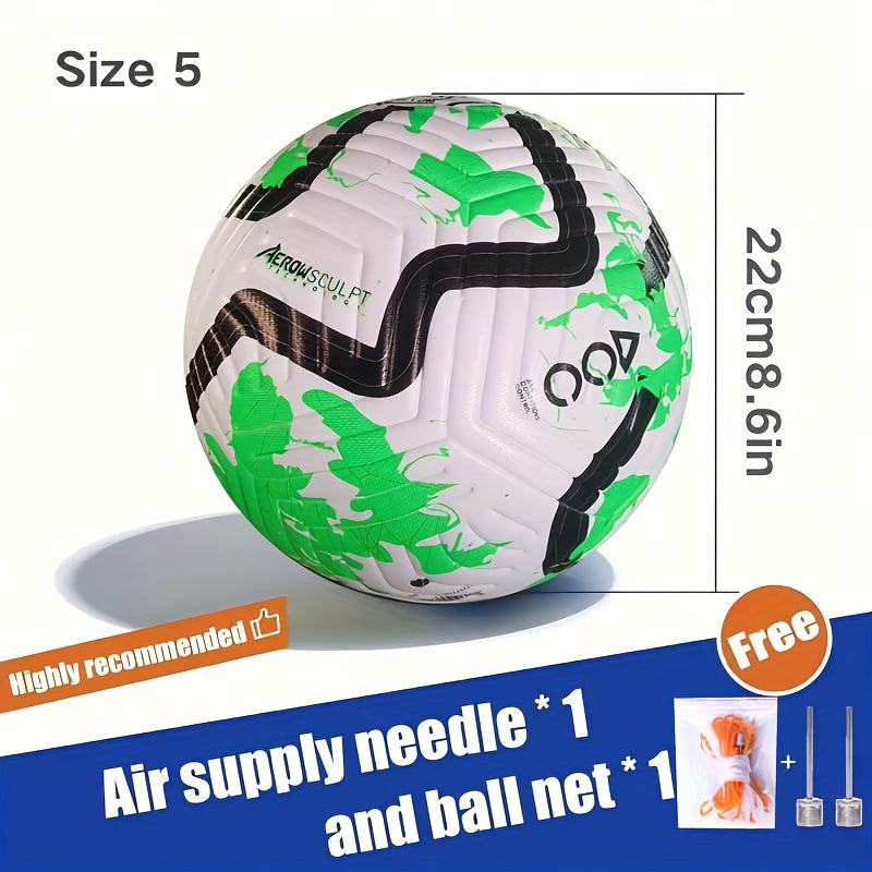 Size 5 Soccer Ball for Students, Teens & Adults - Training and Match Use with Seamless Fit, Anti-Slip Wear Resistance Includes Practical Accessories: Air Needle + Mesh Bag