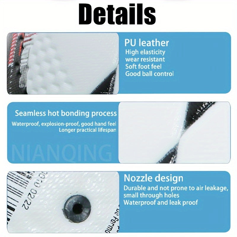 A Professional Size 5 PU Soccer Ball, Made with Seamless Heat-bonding Technology, Features High Elasticity and Wear Resistance. Suitable for Adult Training and Matches on Both Indoor and Outdoor Soccer Fields. Includes a Ball Pouch and an Inflation