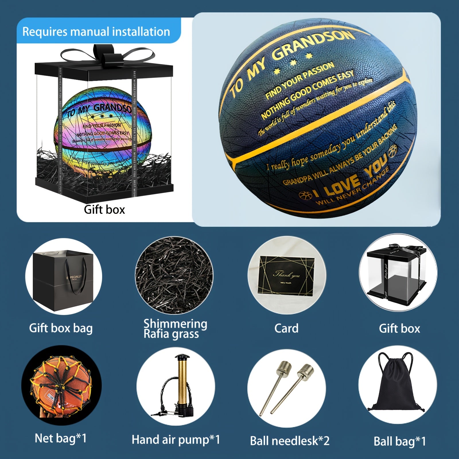 Glow in the Dark Holographic Basketball Suitable for Christmas Birthday Gifts for - Size 7 with Air Pump & Luxury Gift Box, Holographic Reflects Technology for Night Play, Sports for Son' Present