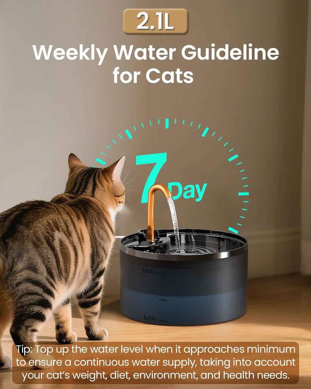 MISFANS Silent Cat Water Fountain 2.1L Pet Water Fountain Ultra-Quiet Copper Spout Night Light 6-Layer Filter Soft Blue LED Automatic Gravity Feeder|Wired plug-in model